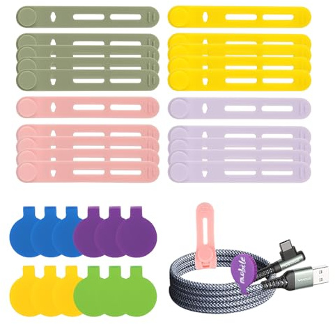 Kabelbinder Silikon Wiederverschließbar, 32 Stück Kabelbinder Wiederverschließbar und Nylon Kabeletiketten, Ideale Kabel Organizer für Schreibtisch Ladekabel, PC-Kabel