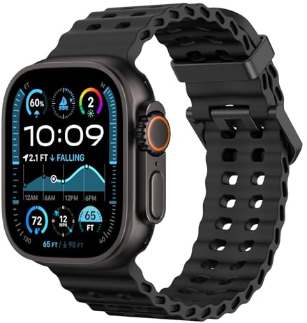 Astorgos Bracelet de Montre Respirant Ocean Compatible avec Apple Watch Ultra 3/2/1 49mm,S11/S10 46mm,9/8/7 45mm,SE3/SE2/SE/6/5/4 44mm,3/2/1 42mm, Bracelet Silicone Sport pour Homme Femme, Noir