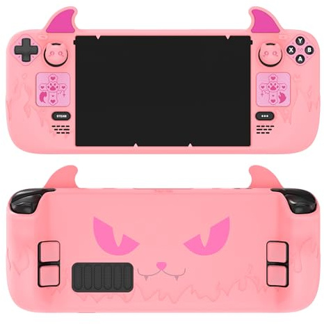 PlayVital Cute Demon Case Cover für Steam Deck LCD & OLED, Kawaii Anti-Rutsch Silikon Schutzhülle Zubehör für Steam Deck OLED mit Daumengriffkappen,Aufklebern & Rücktasten-Rosa | Verbesserte Knöpfe auf der Rückseite, inklusive Joystick-Abdeckungen und Trackpad-Aufkleber, rutschfester Griff, Rosa