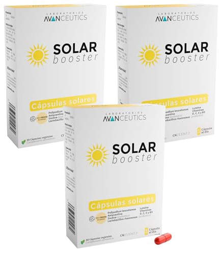 Avanceutics - Solar Booster 3 cajas | Pastillas para el Sol | Capsulas Proteccion Solar Oral, Anti Manchas, Prevención Fotoenvejecimiento y Daño Piel | Protector Solar Oral con Polypodium Leucotomos