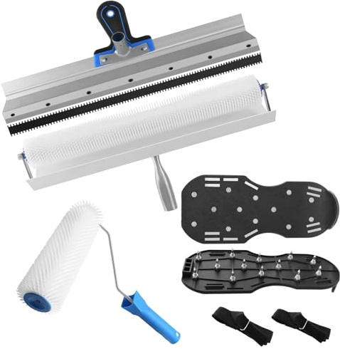 Self-Levelling Cement Tool Kit,Epoxy Floor Paint Tool,Screed Spiked Roller Self Leveling Concrete Roller Epoxy Roller Spike Shoes,Stainless Steel Scraper Self-Leveling Rake