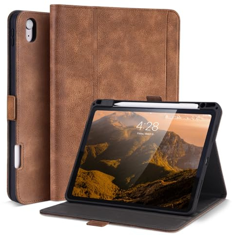 AsileCuir Funda para iPad Air 11 Pulgadas M3 2025/M2 2024,Carcasa iPad Air 5/4 Generación 10,9 2022/2020 con Portalapiz Bolsillo,Cierre Magnético,Soporte Multiángulo,Auto Sueño/Estela,Marrón Oscuro