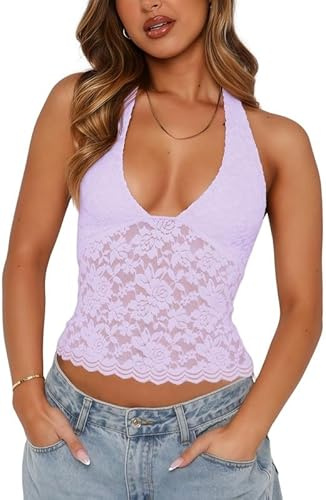 Sukiglam Camiseta sin Mangas Mujer Verano Encaje Camisetas Elegantes Cuello Halter Chalecos Blusa Sexy Sin Vientre Camisola Shirt Floral Suave Y2k Tank Tops Moda Crop Top de Fiesta Streetwear