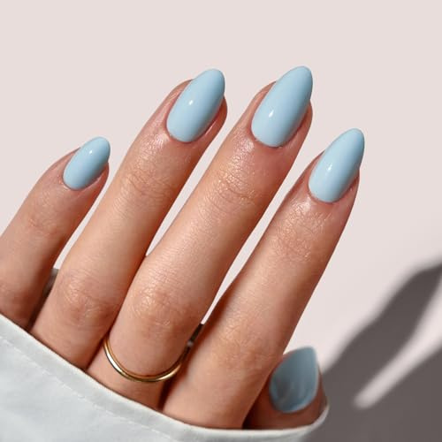 BTArtbox Press On Nails Kurz - Pastel Light Blau Mandel Sommer Press On Nails mit Kleber für Frauen, Opaque Nägel Zum Aufkleben 16 Größen - 32 Nail Set, Sky Dash