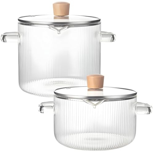 Lot de 2 casseroles en verre borosilicate transparent, passent au micro-ondes et au lave-vaisselle, résistantes aux hautes températures, avec couvercles en bois pour plus de style