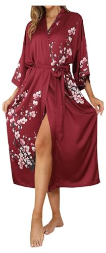 Luxueux Peignoir Kimono en Satin Floral pour Femmes - Sensation Fraîche, Manches 3/4, Long, Robe de Nuit Décontractée, Peignoir de Bain, Écharpe à Capuche pour Femmes, bordeaux, Taille unique