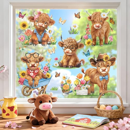 decalmile Fensterbilder Highland Kuh Bauernhof Tiere Fensteraufkleber | Statische Anti-Kollision Fensterdeko, Beidseitiger Druck, auf Beiden Seiten klar Sichtbar, Wasserdicht, Abnehmbar