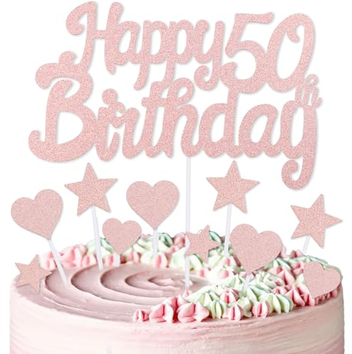 mciskin Rose Gold 50th Birthday Cake Toppers,50th Birthday Decorations for Women,Rose Gold Cake Decorations,Personalised Cupcake Toppers with Heart Star for Girl Women Birthday Party Supplies