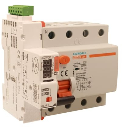 Interruttore Differenziale Salvavita Riarmo Automatico Trifase 63A, 30mA 6kA, RCCB Tipo AC 3P+N 6kA 380V, 3 Tentativi (10s/60s/300s), Occupa 5 Moduli DIN, Display A Led