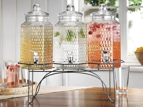 MosJos Drink Dispenser Set of 3 - Beverage Dispenser with Stand - Glass Drink Dispensers for Lemonade, Juice, Water, Iced Tea, Punch - 1-Gallon Countertop Party Drink Dispensers