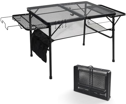 3ft Folding Camping Table with Wing Panels, Metal Mesh Grill Table,2 Adjustable Heights,Folding Table with Storage Net, Paper Towel Holder, Hooks, Trash Bag Rack, for Picnic,Camping,BBQ,Beach(Black)