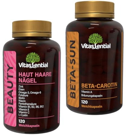 Haut Haare Nägel + Beta-Carotin Bundle – Biotin, Zink, Eisen & Vitamin B Komplex mit Bräunungskapseln – Haarwachstum, Natürlicher Glow, Hautpflege & Sehkraft – 120 + 120 Kapseln