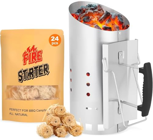 Large Bbq Charcoal Chimney Starter - Quick Lighting 24 Natural Wood Wool Fire Starters For Grilling - 38cm Height Coal Starter For Perfect Barbecue 1100 Pcs