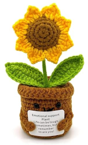 Girasole Positivo all'Uncinetto con Messaggio Motivazionale - Piantina Portafortuna Fatta a Mano, Idea Regalo Originale per Compleanno, Laurea, Amica, Sorella e Collega, Decorazione Scrivania