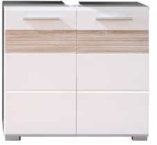 trendteam smart living - Mezzo - Waschbeckenunterschrank - Weiß/Eiche hell - Waschtisch mit 2 Türen und 1 Einlegeboden - (BxHxT) 60 x 56 x 34 cm - Badschrank mit Rillenoptik | Nassraumgeeignet · Hochglanz-Tiefziehfront · B 60 x H 56 cm