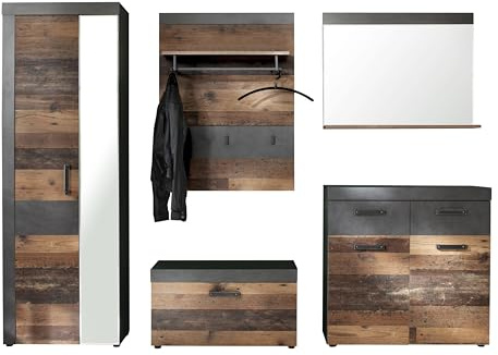 trendteam smart living - Indy - Garderobenkombination - Eiche/Grau - Garderobenschrank, Sitzbank, Paneel, Schuhschrank, Spiegel - (BxHxT) 265 x 192 x 37 cm - antikfarbene Griffe