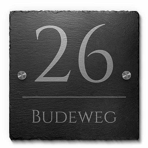 Schiefer Hausnummer & Straße Namen 20x20 cm Wunsch-Gravur Namensschild Schild