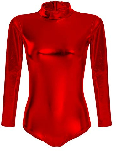 FYMNSI Damen Glänzende Ballettanzug Ballettbody Sport Tanz Body Gymnastikanzug Trikot Langarm Bodysuit Metallic Wetlook Einteiler Turnanzug Leotards Overall Lack Leder Oberteile Tops Kostüm Rot M