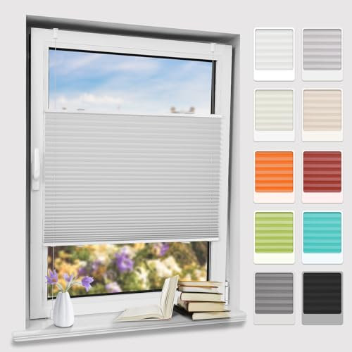 Plisseerollo klemmfix ohne Bohren, Hellgrau 100x120cm(BxH) Springrollo mit Klemmträger, Blendschutz Klemmrollos für Fenster & Balkontür