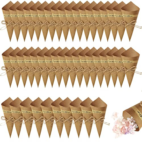 50 Stück Kraftpapier-Kegel, Hochzeits Konfetti Tüten, Mit Garn Verziert, Für Papier Hochzeit Zapfen, Bonbonblumenteller (Kraftpapier Braun)