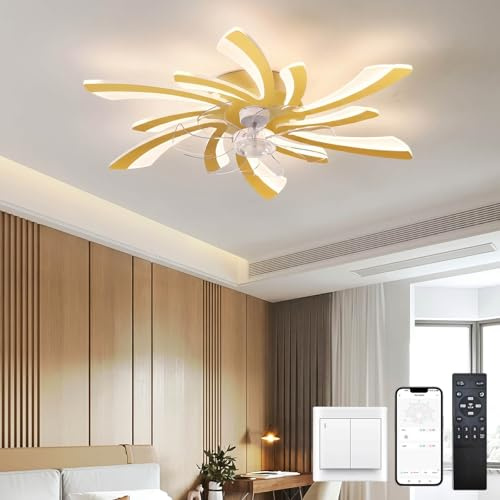 KeLuKes Modern Ceiling Fans with Lights and Remote 78cm Ceiling Fans with Lamps Silent Dc 6-Speed Dimmable Reversible Winter/Summer Led Fan Light for Bedroom Lounge Living Room,Gold