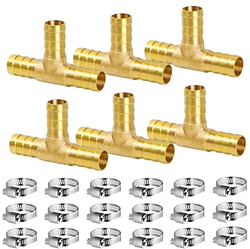T-Piece Conector de Manguera de Latón 6 Piezas 10MM, Conector de Púas de la Manguera de Combustible para Gasóleo Aire Agua y Combustible, con Abrazadera (T)