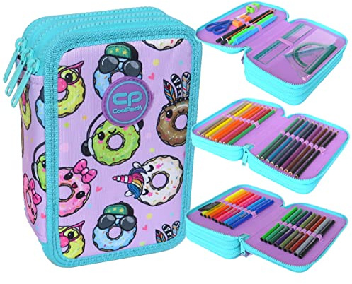 CoolPack XXL Federtasche Federmappe 3-Fach Schulstiftetui, dreifaches Federmäppchen, Federmäppchen für Mädchen, Jungen | Happy Donuts, Federmäppchen 44-teilig gefüllte Schüleretui 3-stöckig