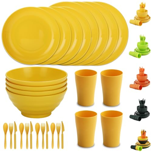 Evanda Plastic Dinnerware Set 28 Piece, Reusable Light Weight Mugs, Bowls, Dishes, Knives, Forks, Spoons for Camping Picnics and Everyday Use, Dishwasher Safe (Gold Yellow)