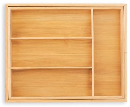 Relaxdays Besteckkasten ausziehbar, Bambus, HBT: 5 x 29-47,5 x 35,5 cm, 4-6 Fächer, Besteckeinsatz für Schubladen, Natur | HBT: 5 x 29-47,5 x 35,5 cm, 4-6 Fächer, Besteckeinsatz für Schubladen