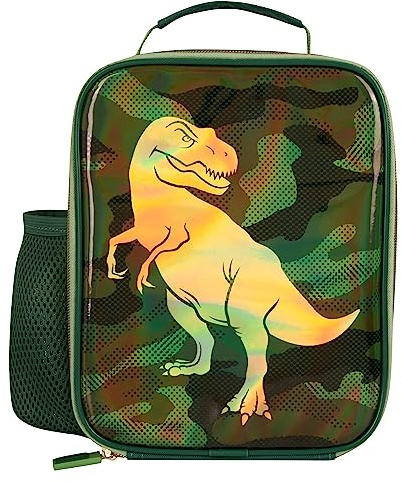 Polar Gear Camouflage Insulated Lunch Bag - 600D Polyester, Side Mesh Pocket, Carry Handle - Food Safe Reusable Thermal Cooler Keeps Food Warm/Cold for School, Snacks, Picnics - Green Dinosaur Design