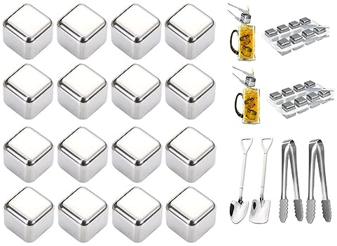 Anlising 16 Pieces Stainless Steel Ice Cubes, Reusable Ice Cube, Whiskey Stones, Reusable Wine Stones, Stainless Steel Whiskey Stones, for Cooled Beverages, Whiskey, Beer, for Party Holiday Wedding