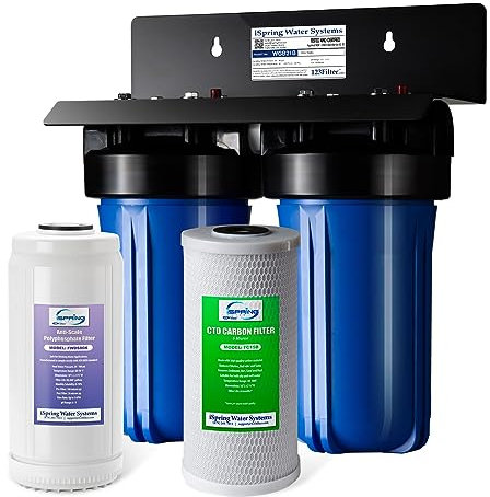 iSpring WGB21B-DS 2-Stage Whole House Water Filtration System, with 10 x 4.5 Sediment CTO(Chlorine, Taste, and Odor) Filter, Anti-Scale polyfilter, 1 Inlet/Outlet
