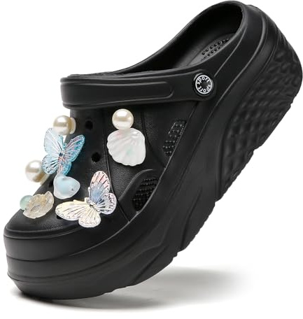 SECHRITE Womens Platform Clogs Garden Shoes with Strap Waterproof Slip On Slides Beach Pool Sandals Summer Mules Home Slippers Water Shoes Black Pearls 38