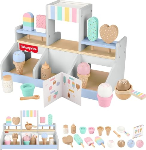 Fisher-Price - Gelateria in Legno, playset da 18 Pezzi in Legno tra Cui espositore, Gelati e ghiaccioli, Coni, coppette, Menu e cucchiai, Giocattolo per Bambini, 3+ Anni, HXV21