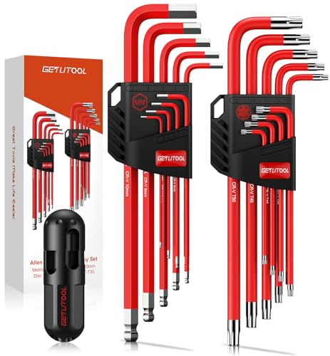 GETLITOOL Innensechskant Satz Lang, 18tlg. Innensechskantschlüssel Kugelkopf Metrisch HX 1,5mm-10mm & Torx Winkelschlüssel TX T10-T50, Cr-V-Stahl Sechskantschlüssel klein ordentlich mit Halter T-Griff