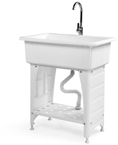 VINGLI Spacious White Utility Sink Laundry Tub for Laundry Room, Garage Washing Station, Slop Sink, Freestanding Sink with Stainless Steel Faucet, Drain, Storage Shelf and Removable Drainboard,White