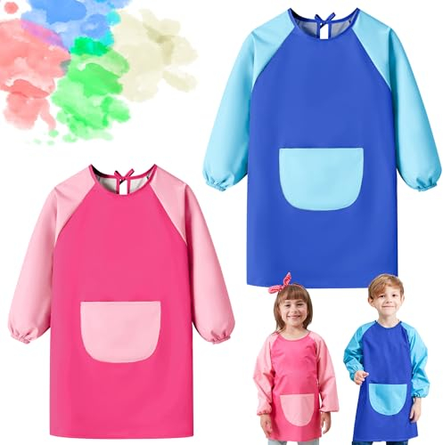 2 Stück Malschürze Kinder, Malkittel Kinder 5–11 Jahre, Wasserdicht Malerschürze Bastelschürze, Kleinkinder Kunstkittel, Rosa Blau Malerkittel mit Lange Ärmel für Mädchen Junge Schule Kunst Malerei