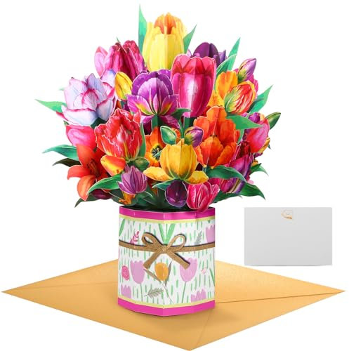 GWHOLE Paper Pop Up Cards for Women, 3D Birthday Card Paper Bouquet Flowers Home Decoration with Note Card and Envelope for Anniversary Mother’s Day