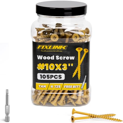 Wood Screws 3 Inch, FIXLINK Deck Screws #10 x 3, 105pcs, Epoxy Coated, T25 Star Bit Above 1500 Hour Salt Spray Coating Outdoor Decking Screws Excellent Rust Resistant for Outdoor Wood Fence
