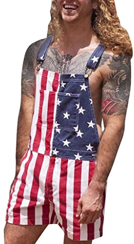 Men's American Flag Dungarees American Flag Print Shorts Rompers Adjustable Straps Jumpsuits Work Bib and Brace Overalls Playsuits Suspender Shorts Hot Pants Rave Party Clubwear with Pockets
