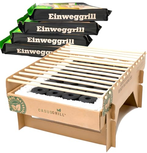 5x BURI Grill Öko Einweggrill Einmalgrill 100% Nachhaltig - Bio Grill rauchfrei 31x24 cm Bambus Kohle und Grillrost, natürlichen Materialien, weniger CO2 Emission, 5 min startklar über 1h Brenndauer
