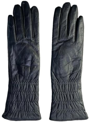 Damen-Winter-Lederhandschuhe, Ziegenleder, lange Handschuhe, Fleece-gefüttert, warm, weich, Schwarz , 42