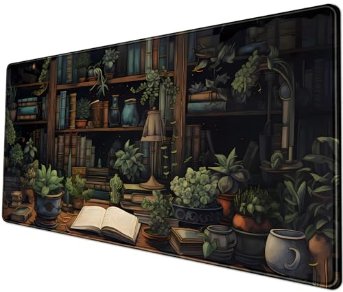 Schreibtischunterlage, Mauspad, Motiv: Bonsai-Bibliothek, Vintage, große, ästhetisches Schreibtischunterlage, Blumen, erweitertes Mauspad, großes Gaming-Mauspad, XXL, Tastatur-Mauspad,