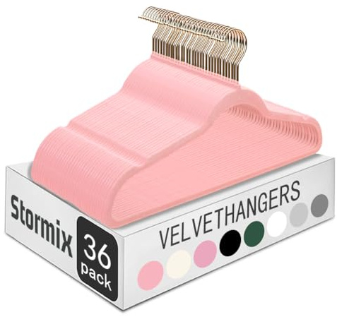Stormix 36er-Pack Samt-Kleiderbügel für Erwachsene, Hochfeste rutschfeste Premium-Samt-Anzugshänger für Kleidung, Ultradünne platzsparende Kleiderbügel für Hemden, Kleider, Rosa (Rosengold-Haken)
