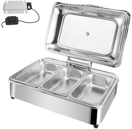 Electric Chafing Dishes Buffet Server, 9L Stainless Steel Food Warmer with Visualisation Lid, 9 Gear Temperature Adjustable, Commercial Food Tray Buffet Servers for Home Kitchen Party(Triple Grid)