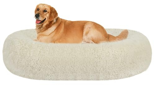 HMTOPE Orthopädisches Hundebett Grosse Hunde, Donut Kissen Waschbar, Ø100cm | Flauschig Hundesofa mit Egg-Crate Schaumstoff, XL Langer Plüsch Rund, Kuscheliges Hundekorb, Abnehmbar Bezug, Beige
