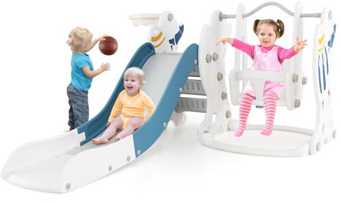 GYMAX Set Scivolo e Altalena 4-in-1, Gioco da Interno con Motivo a Razzo, Scivolo Liscio, Altalena, Arrampicata, Canestro da Basket e Pallone, Giocattolo Scivolo per Bambini 18 Mesi +