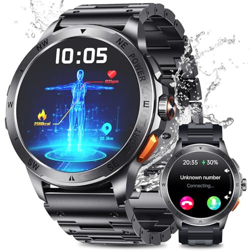 2025 Reloj Inteligente Hombre Militar con ET/HRV/SIRI, 1.43 AMOLED Smartwatch Hombre con Llamadas Bluetooth Pulsómetro SPO2/100+ Modos Deportivos/IP68 Impermeable/Monitor de Sueño/para Android iOS