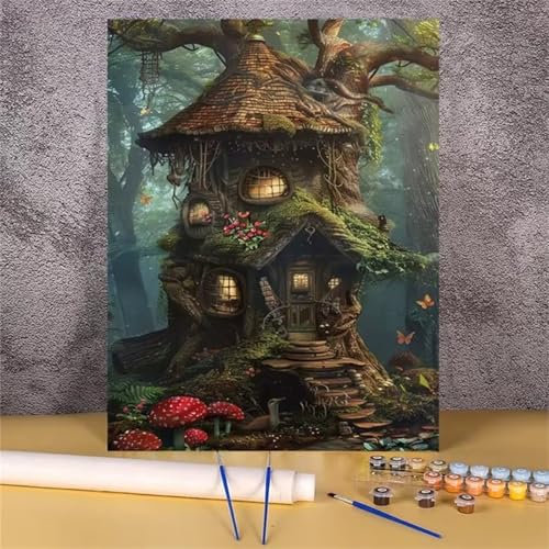 Aimaor Malen Nach Zahlen Erwachsene DIY Baumhaus-Dschungel mit Rahmen Handgemalt Ölgemälde Kit für Anfänger mit Pinseln und Acrylfarben Paint by Numbers Kit für Geschenk Heimdekoration - 60x75cm
