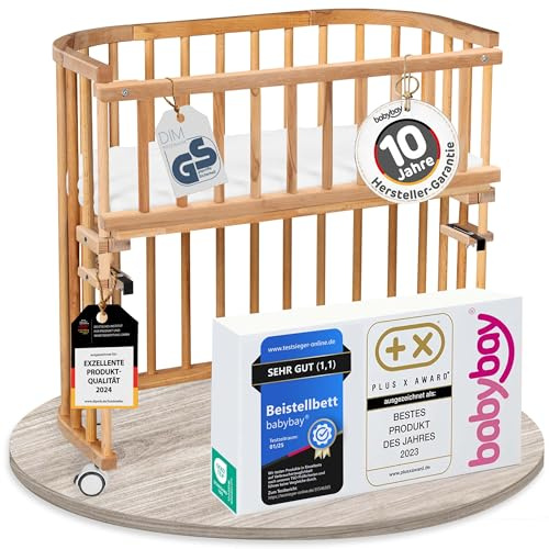 babybay Original Beistellbett aus massivem Buchenholz/kompakt & verwandelbar/Kinderbett Höhe stufenlos verstellbar/mitwachsendes Babybett (Kernbuche geölt) / inkl. Matratze, Gitter, Rollen